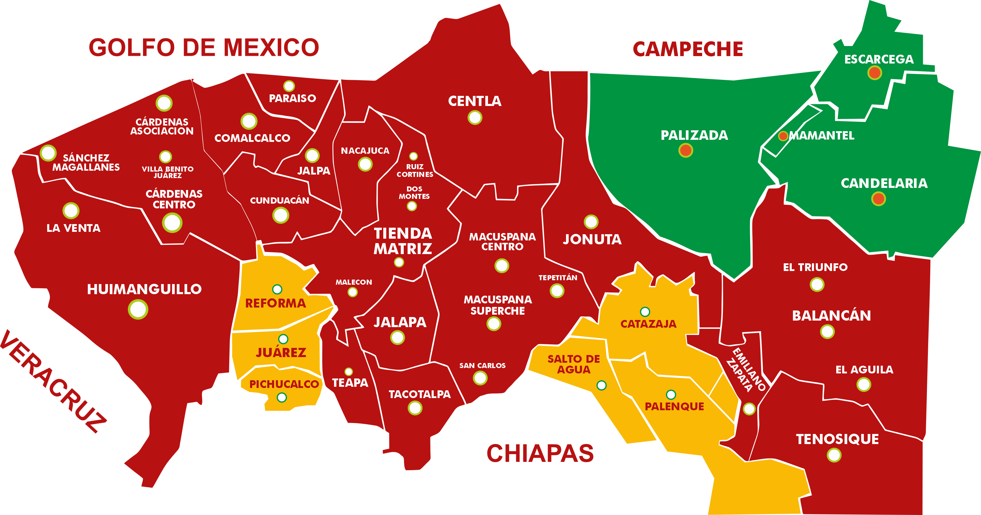 Mapa sucursales de CCG en Tabasco, Campeche y Chiapa